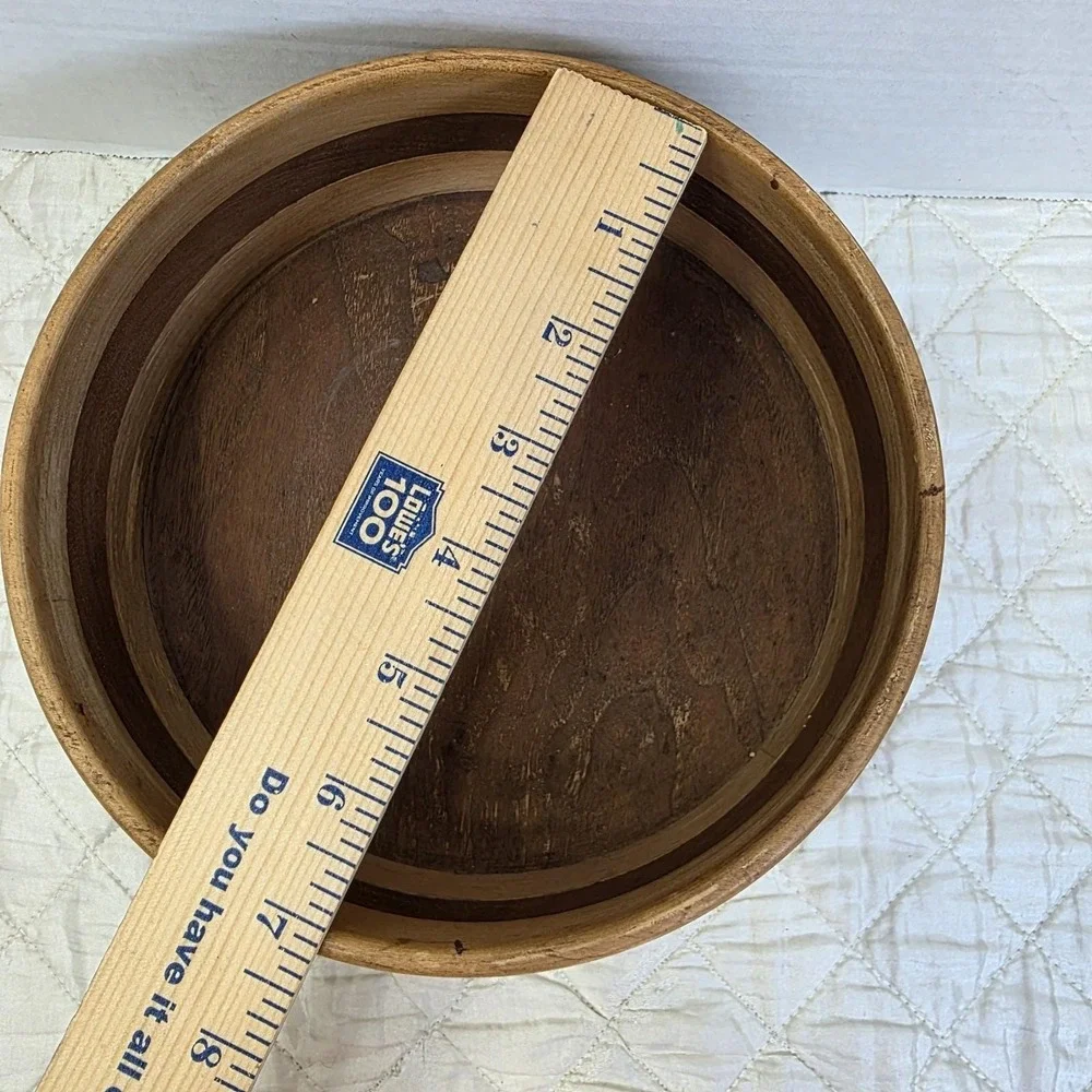 Vintage MCM Handmade Wooden Bowl 2 Tone Horizontal Stripes Maple Walnut Catchall